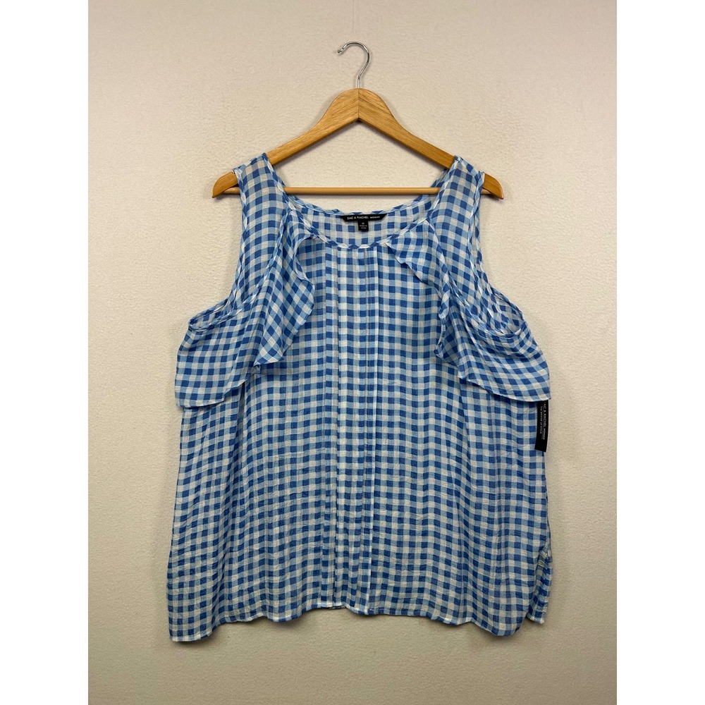 Zac & Rachel Cottagecore Gingham Women NWT 1X Blue Ruffle Sleeveless‎ Blouse